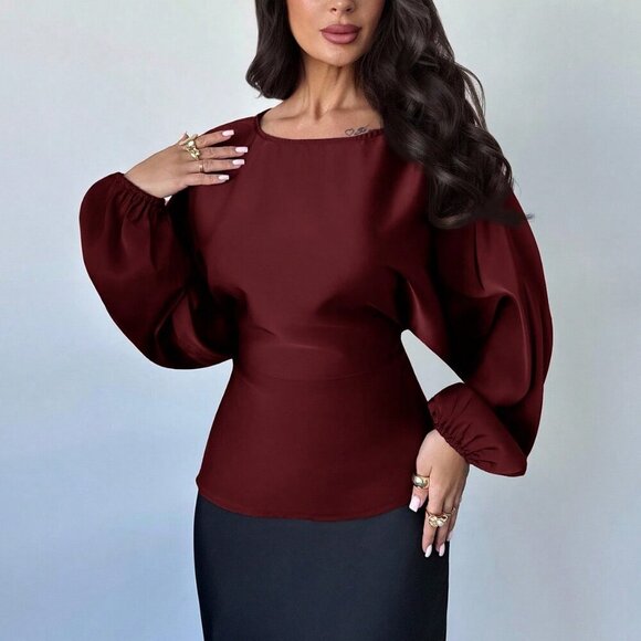 Burgundy Elegant Women's Romantic Round Neck blouse - Picture 3 of 7